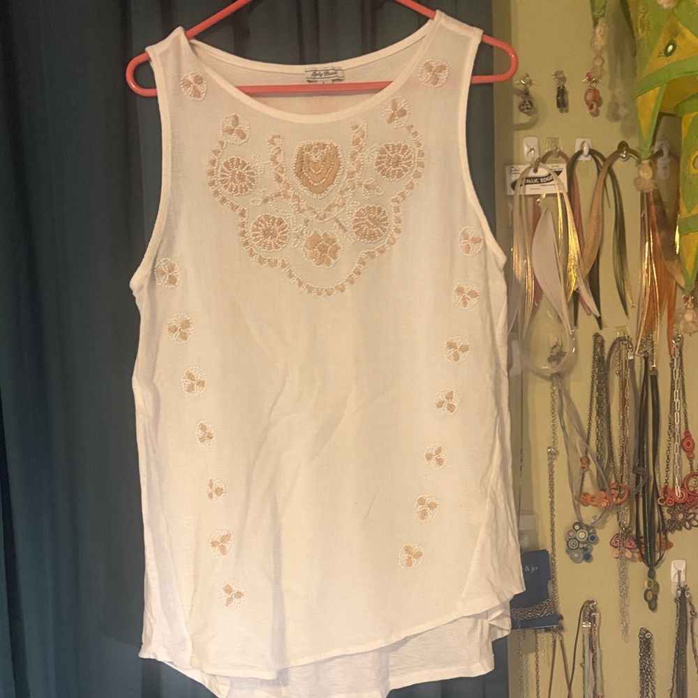 Lucky Brand White and Tan Embroidered Tank Top